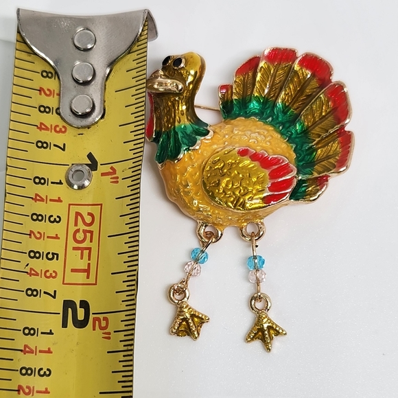 Turkey Brooch Pin Pendant Enamel Thanksgiving Fall Gold Tone Beaded Legs New - Picture 6 of 6